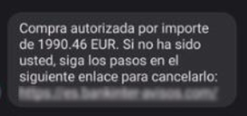 Se muestra un SMS en el cual se informa de que se ha autorizado una compra por el importe de 1990.46 euros e incita que se cancele el pago accediendo a una URL adjunta.